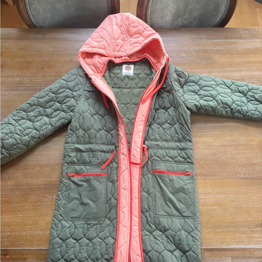 Daily Practice (Anthro) Quilted Green and Coral Hooded Jacket